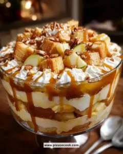 Delicious caramel apple trifle dessert with layers of apples and caramel