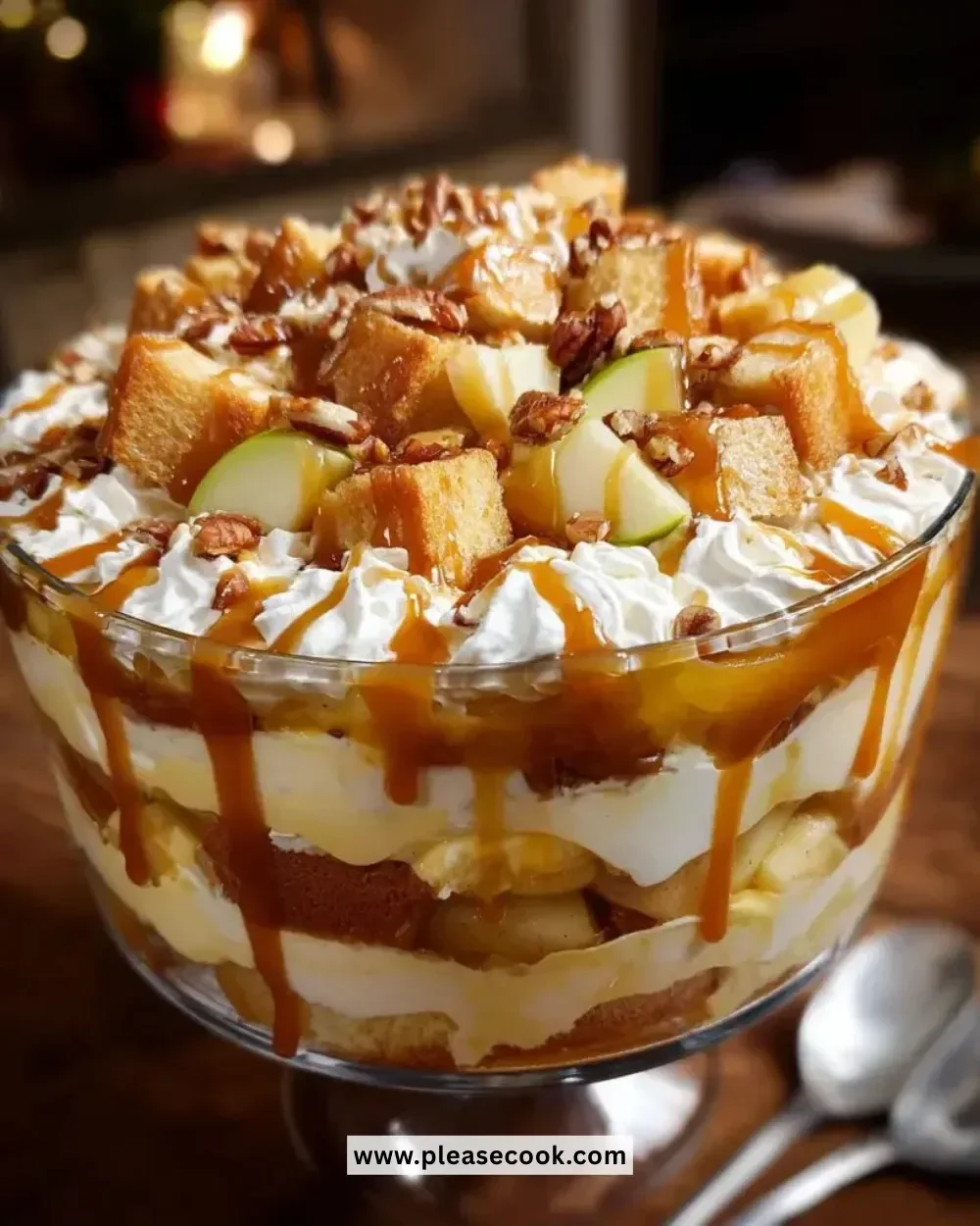 Delicious caramel apple trifle dessert with layers of apples and caramel