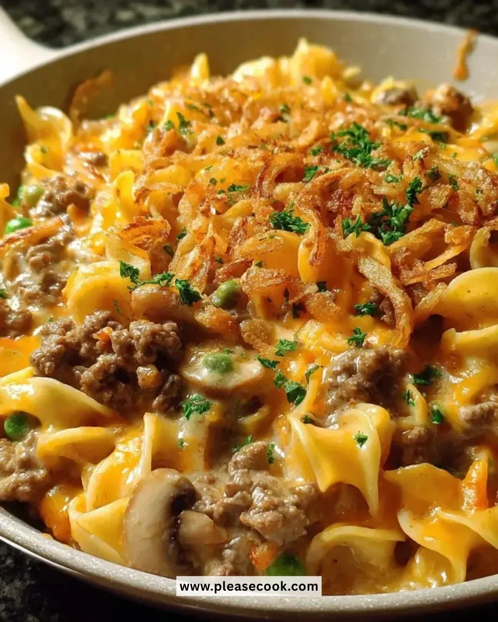 Delicious cheesy beef noodle casserole served in a bowl