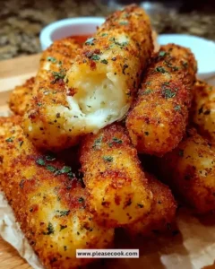 Plate of cheesy mozzarella sticks served with marinara sauce