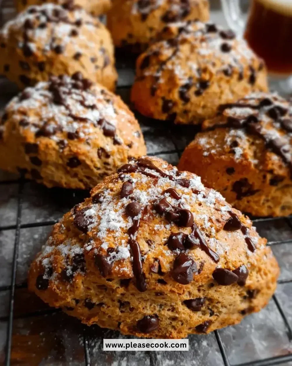 Freshly baked chocolate chip coffee scones on a plate