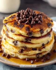 Delicious homemade chocolate chip pancakes topped with syrup and fresh fruit