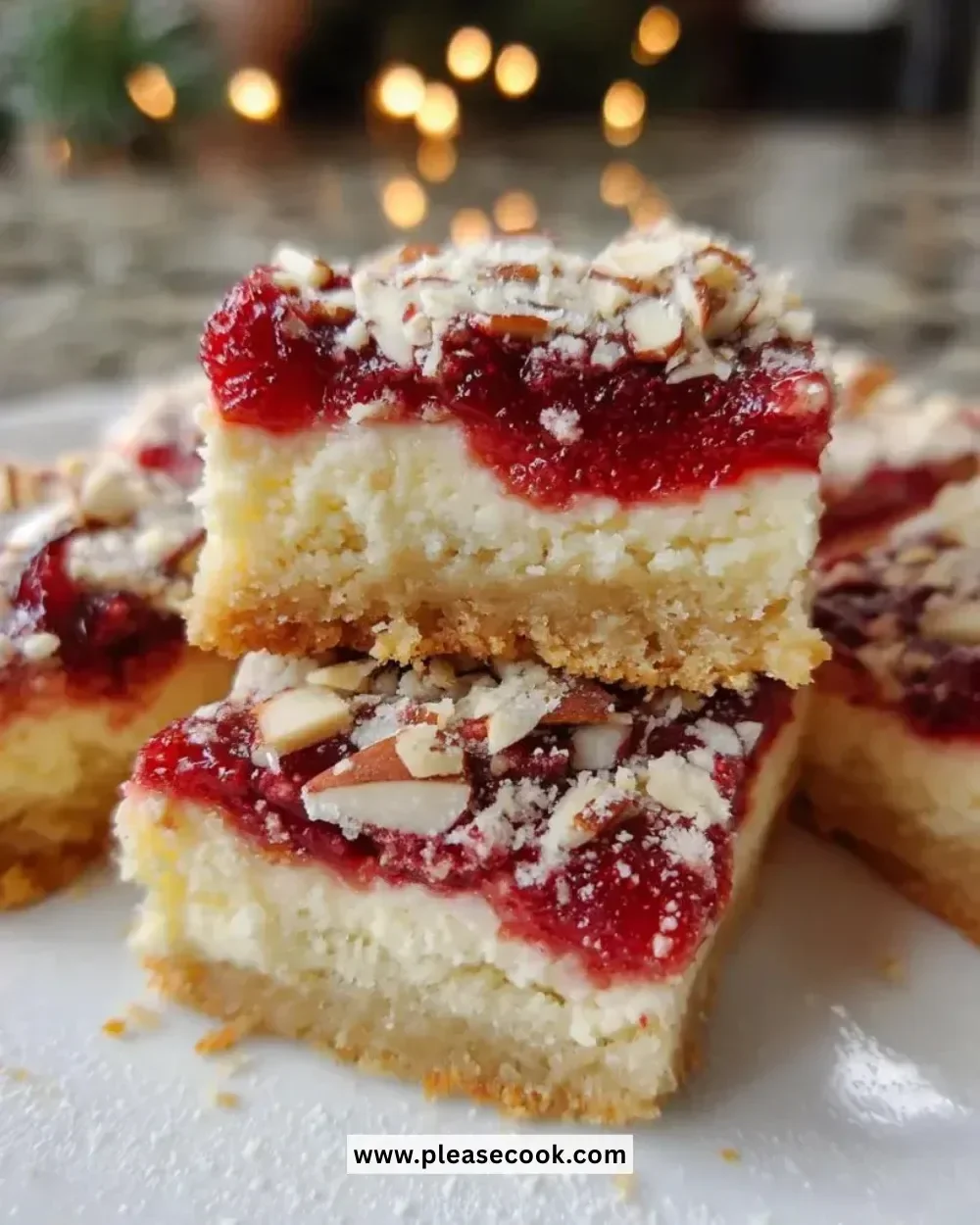 Delicious Christmas cheesecake bars topped with festive decorations.