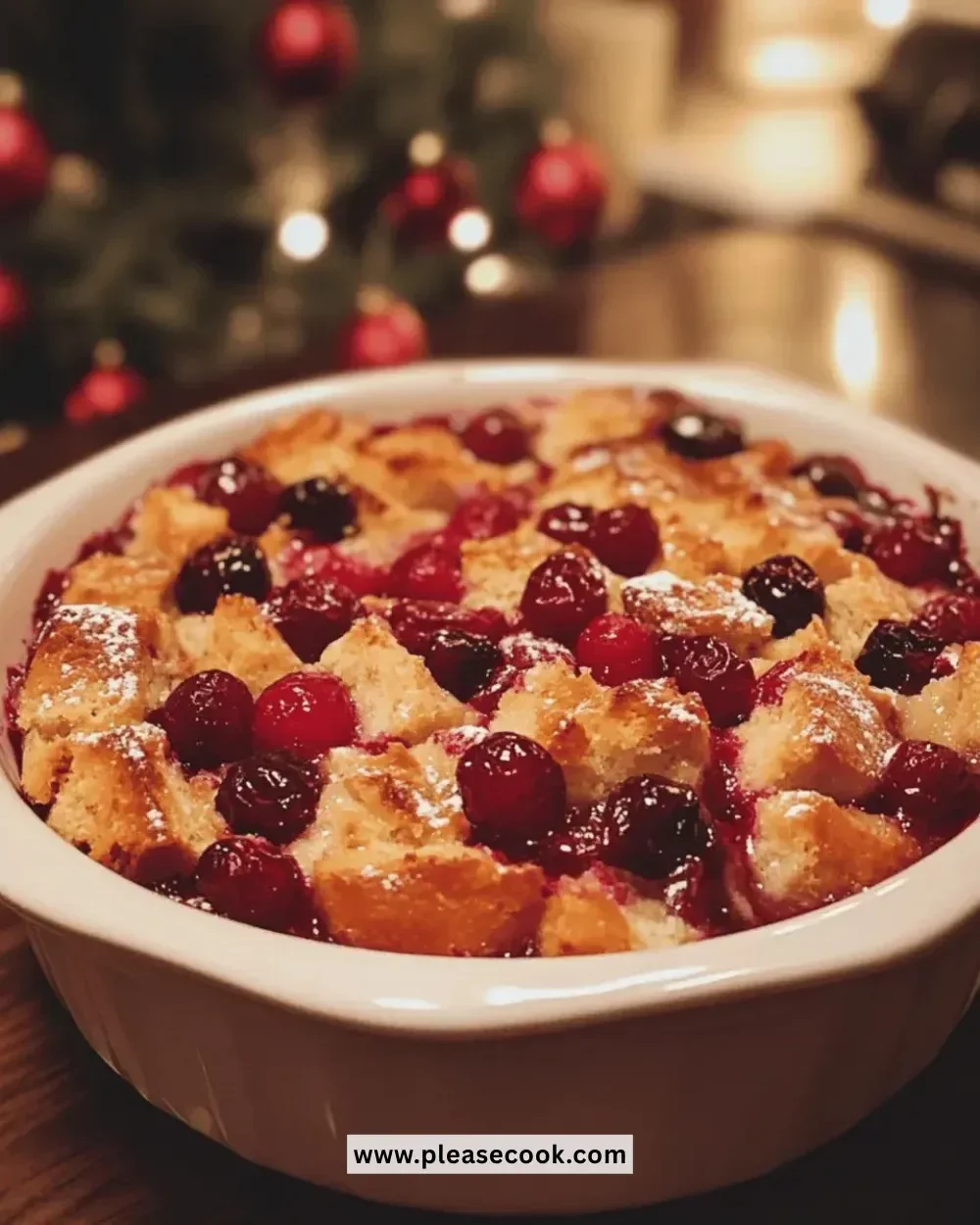 Delicious Christmas Cranberry Bread Pudding served with cream