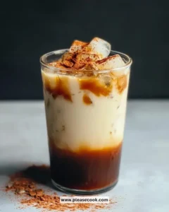 Delicious cookie butter iced chai latte topped with whipped cream and spices