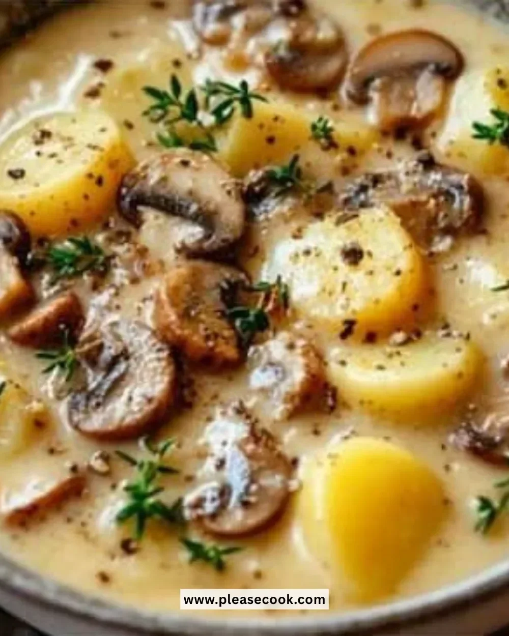 Creamy crock pot potato soup in a bowl topped with herbs