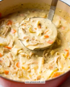bowl of creamy chicken noodle soup with vegetables and herbs