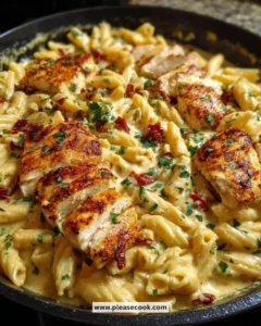 Creamy Marry Me Chicken pasta with herbs and vegetables served elegantly.