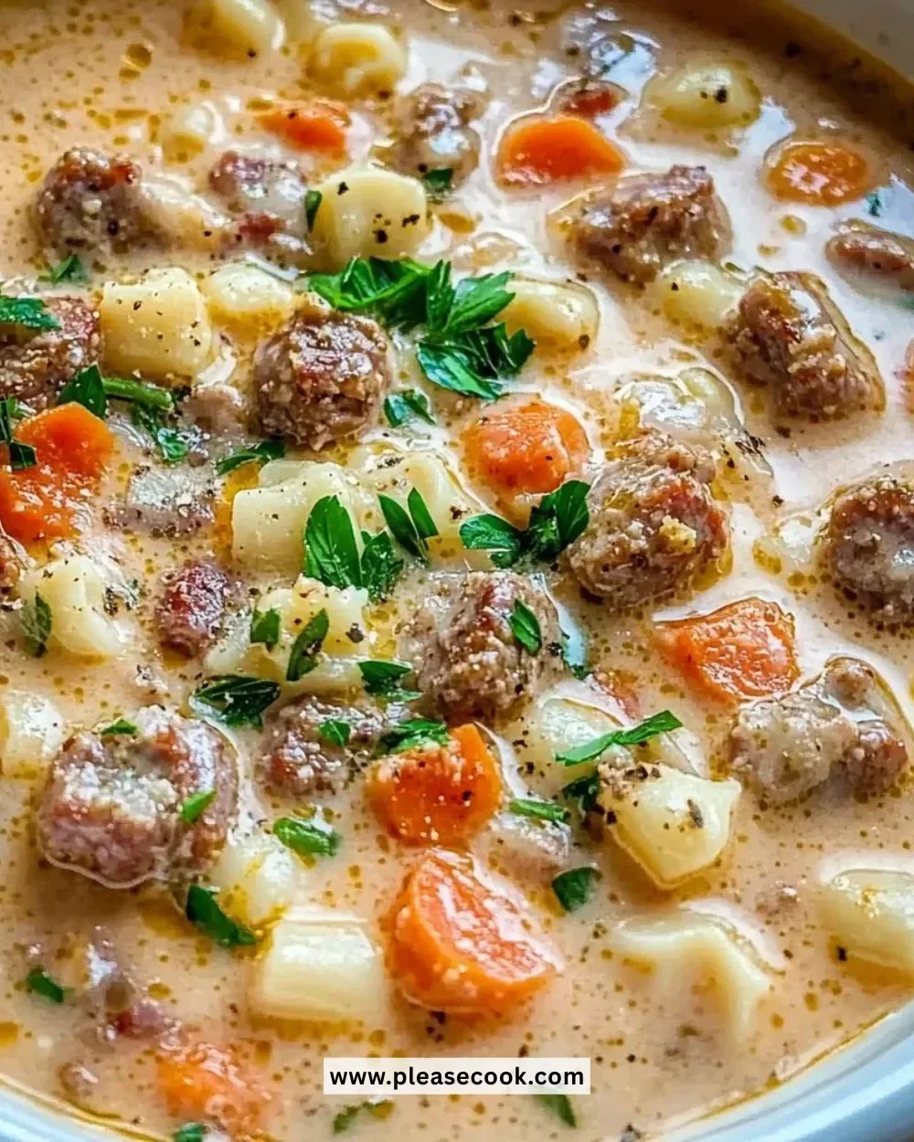 Bowl of creamy Parmesan Italian beef sausage soup topped with herbs