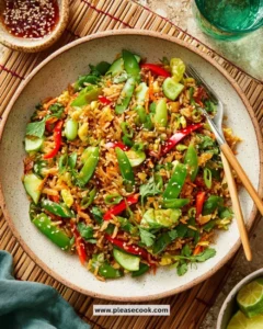 Bowl of colorful Crispy Rice Salad with fresh vegetables and herbs