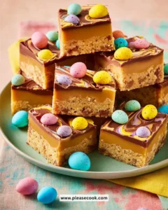 Easter Millionaire’s Squares dessert with chocolate and caramel layers