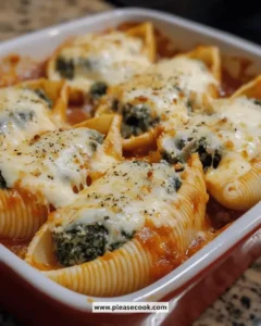 Easy cheesy spinach stuffed shells on a plate garnished with parsley.