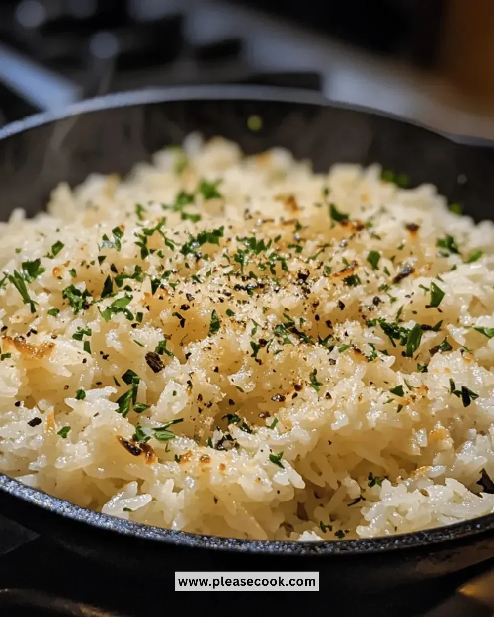 Delicious Garlic Parmesan Rice Skillet with herbs and cheese