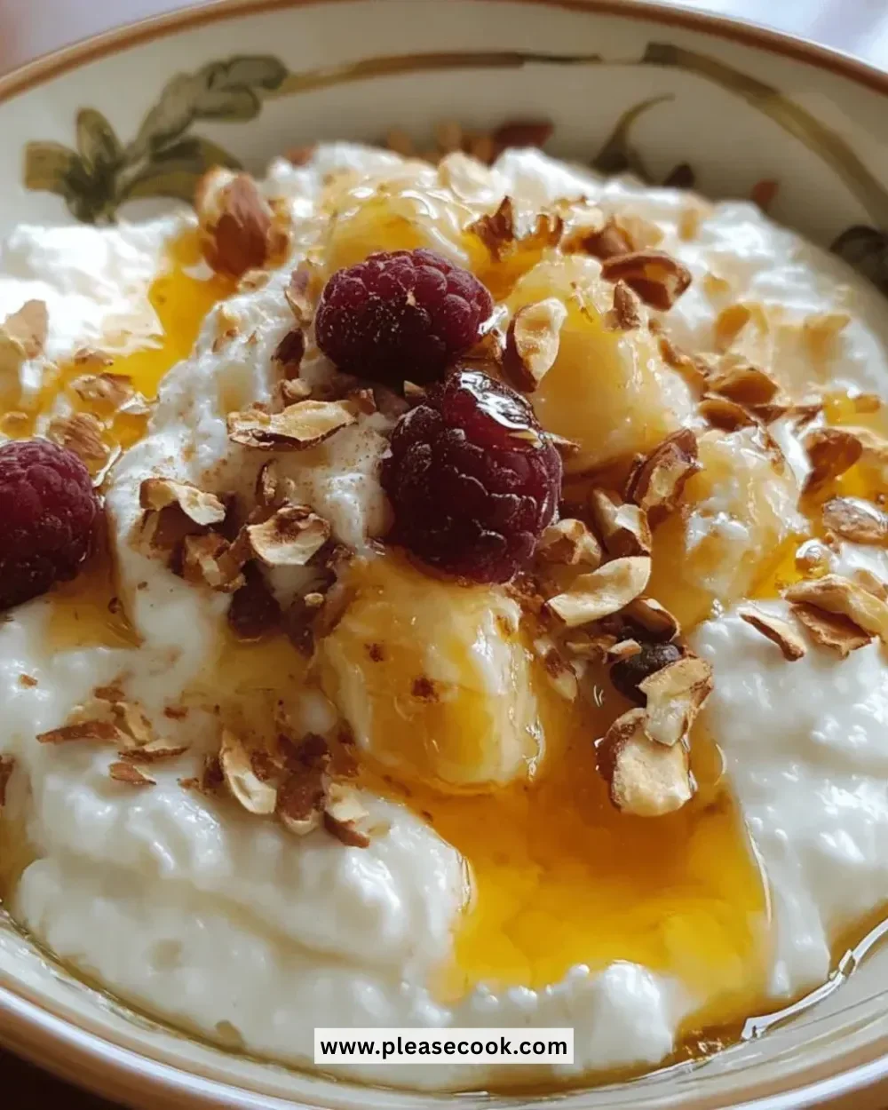 Easy Greek Yogurt Honey Bowl topped with honey and fresh fruit