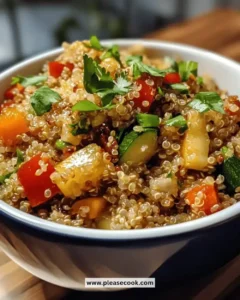 Bowl of easy Honey Garlic Veggie Quinoa topped with fresh vegetables