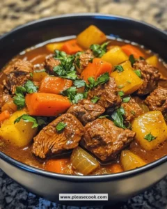 Easy Instant Pot beef and vegetable stew in a bowl garnished with herbs.