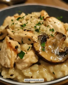 Easy Instant Pot chicken and mushroom risotto served in a bowl