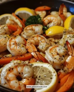 Easy one-pan lemon garlic shrimp with colorful vegetables.