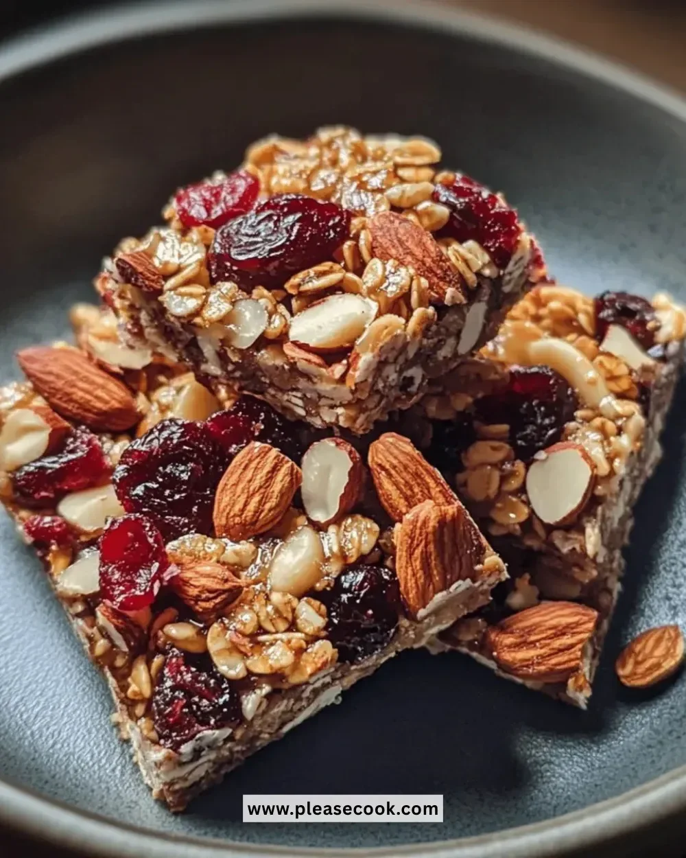 Healthy roasted almond snack clusters with cranberries on a plate