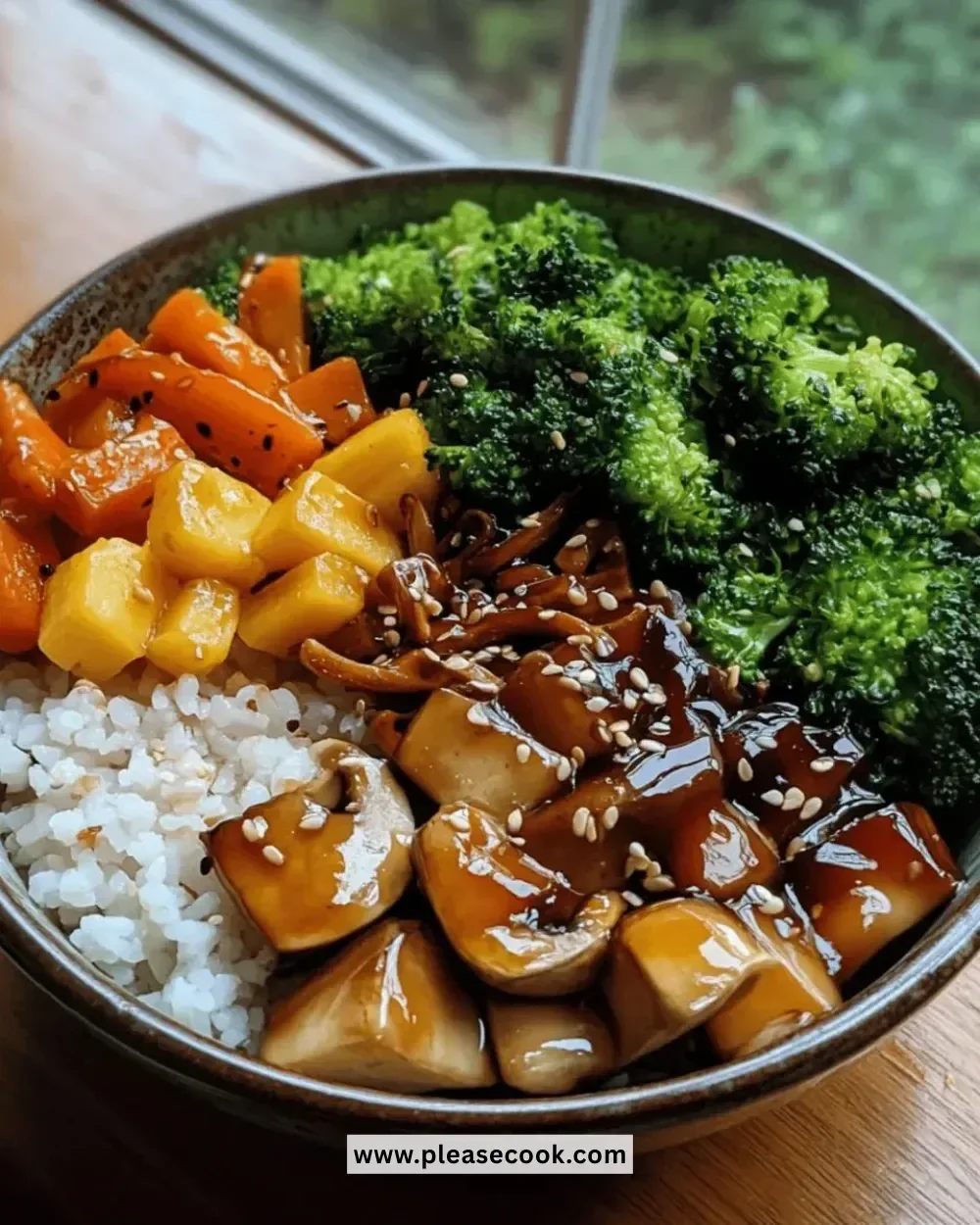Delicious teriyaki veggie bowl with fresh vegetables and savory sauce