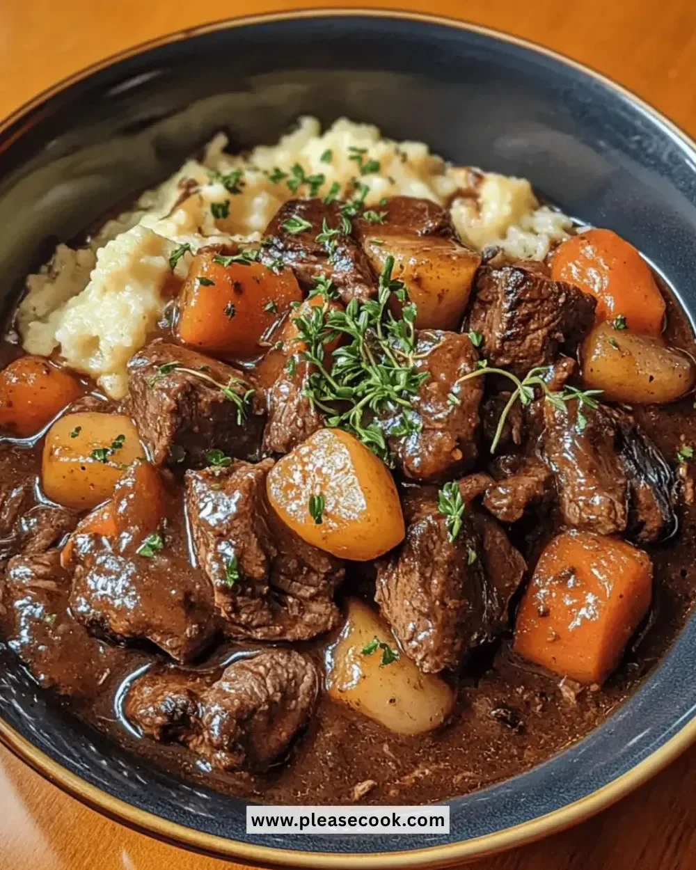 Delicious slow-cooker beef bourguignon served in a rustic bowl