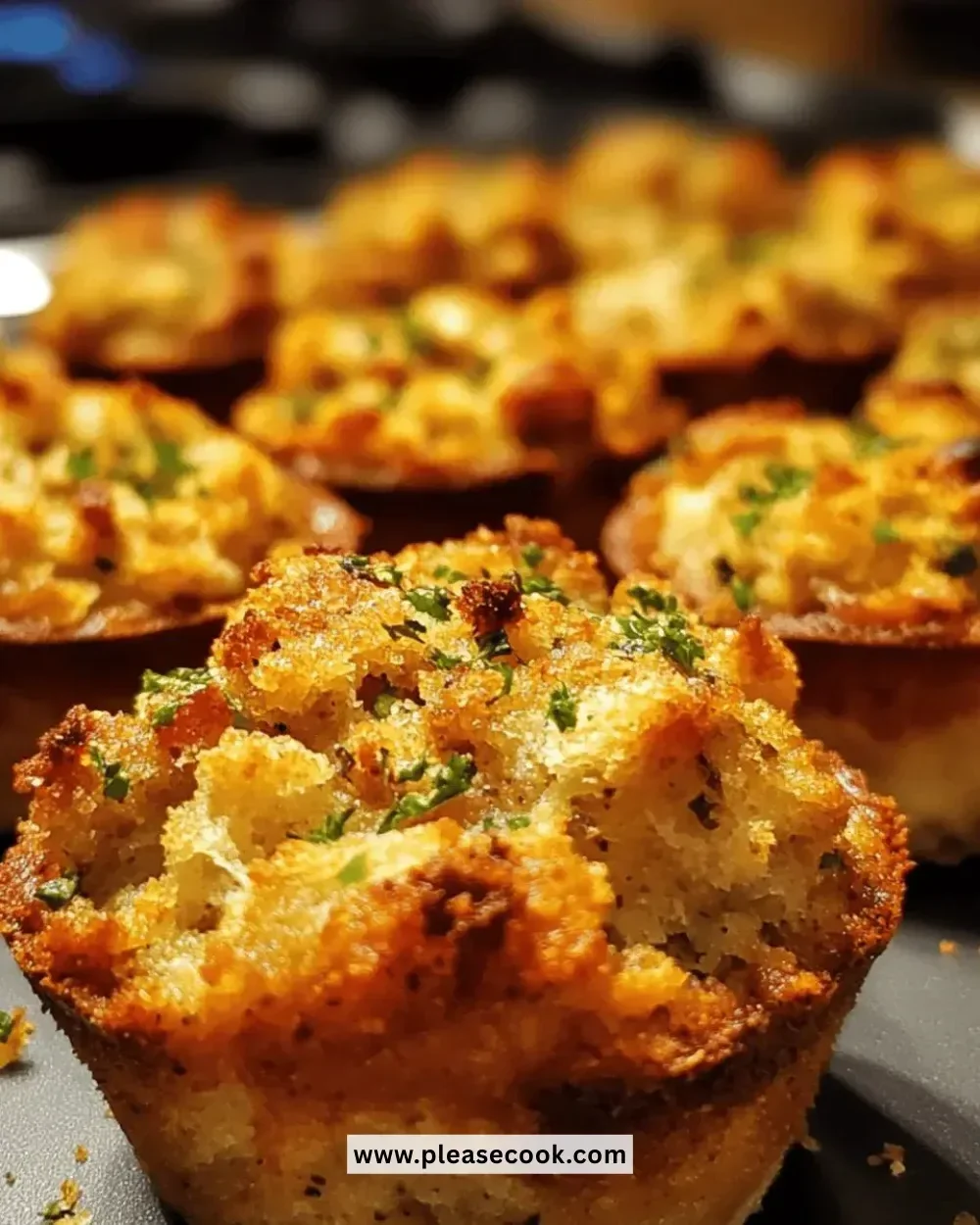 Delicious homemade Thanksgiving stuffing muffins with herbs and spices.