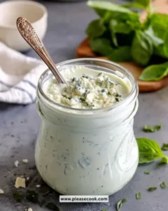 Bowl of homemade blue cheese dressing with fresh ingredients
