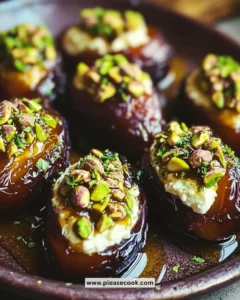 Honey pistachio ricotta stuffed dates on a wooden platter