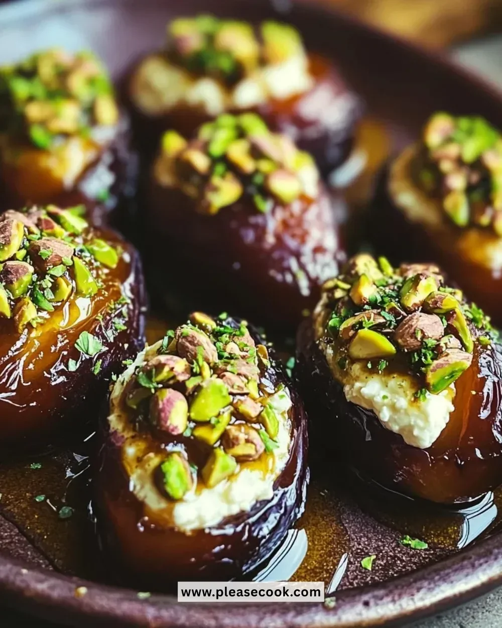 Honey pistachio ricotta stuffed dates on a wooden platter