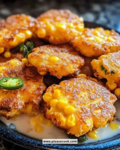 Plate of cheesy jalapeño corn fritters garnished with fresh herbs.