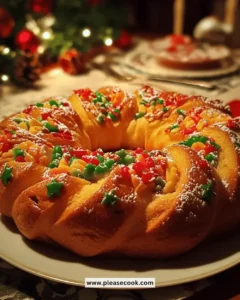 Delicious Christmas King Cake adorned with festive decorations for the holidays.