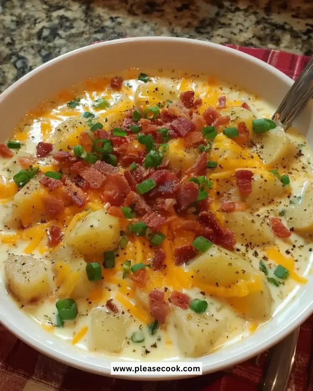 Creamy loaded potato cheese soup topped with crispy bacon and fresh chives