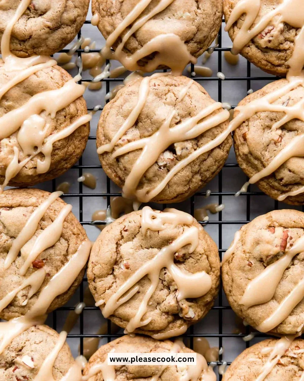 Plate of soft maple brown sugar cookies with a drizzle of maple syrup.