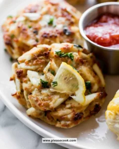 Delicious Maryland crab cakes served with tartar sauce and lemon wedges.