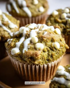 Matcha white chocolate pumpkin muffins on a wooden table