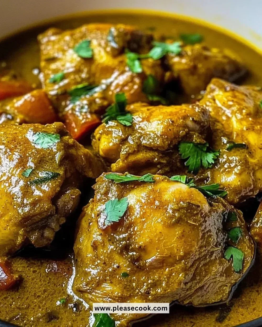 Delicious one-pot Jamaican curry chicken served with rice and vegetables.