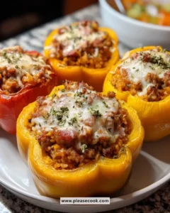 Pumpkin and sausage stuffed peppers on a plate, ready to be served.