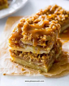 Salted caramel apple pie bars topped with caramel sauce and apple slices