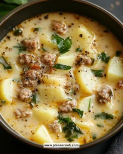 Bowl of hearty Sausage Potato Soup with fresh herbs and potatoes