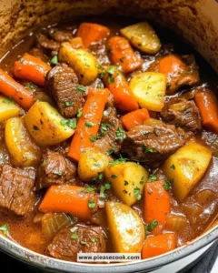 Delicious stove top beef stew simmering in a pot with vegetables and herbs