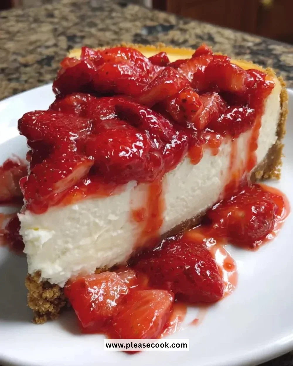 Delicious homemade strawberry cheesecake topped with fresh strawberries