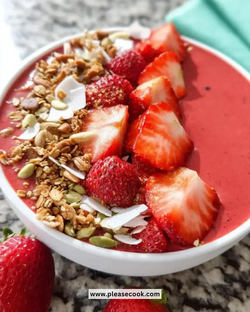 Delicious strawberry smoothie bowl topped with fresh fruits and granola