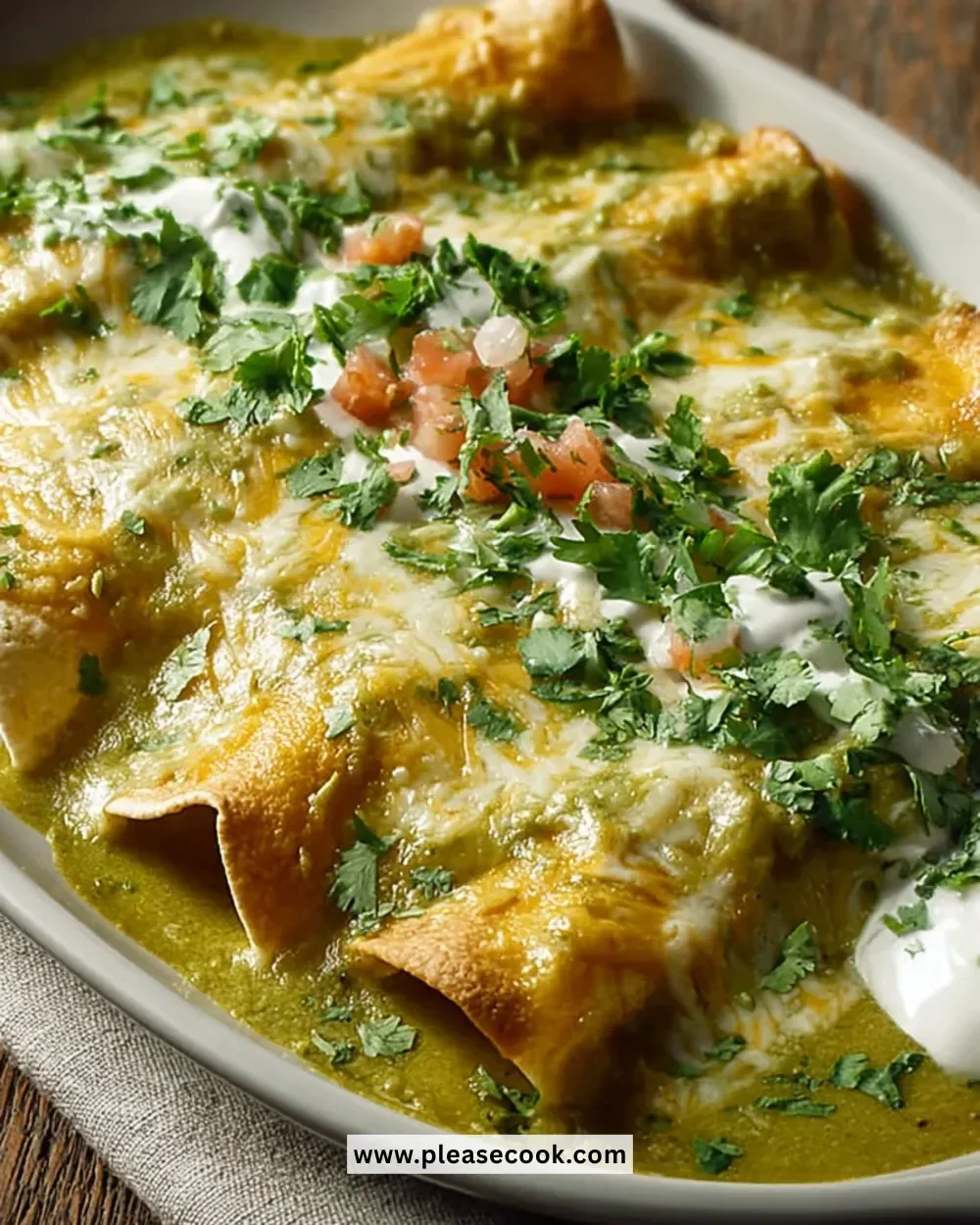 Delicious Swiss Enchiladas topped with melted cheese and fresh ingredients