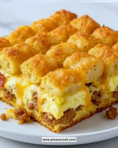 Savory tater tot casserole topped with golden, crispy tater tots and melted cheese