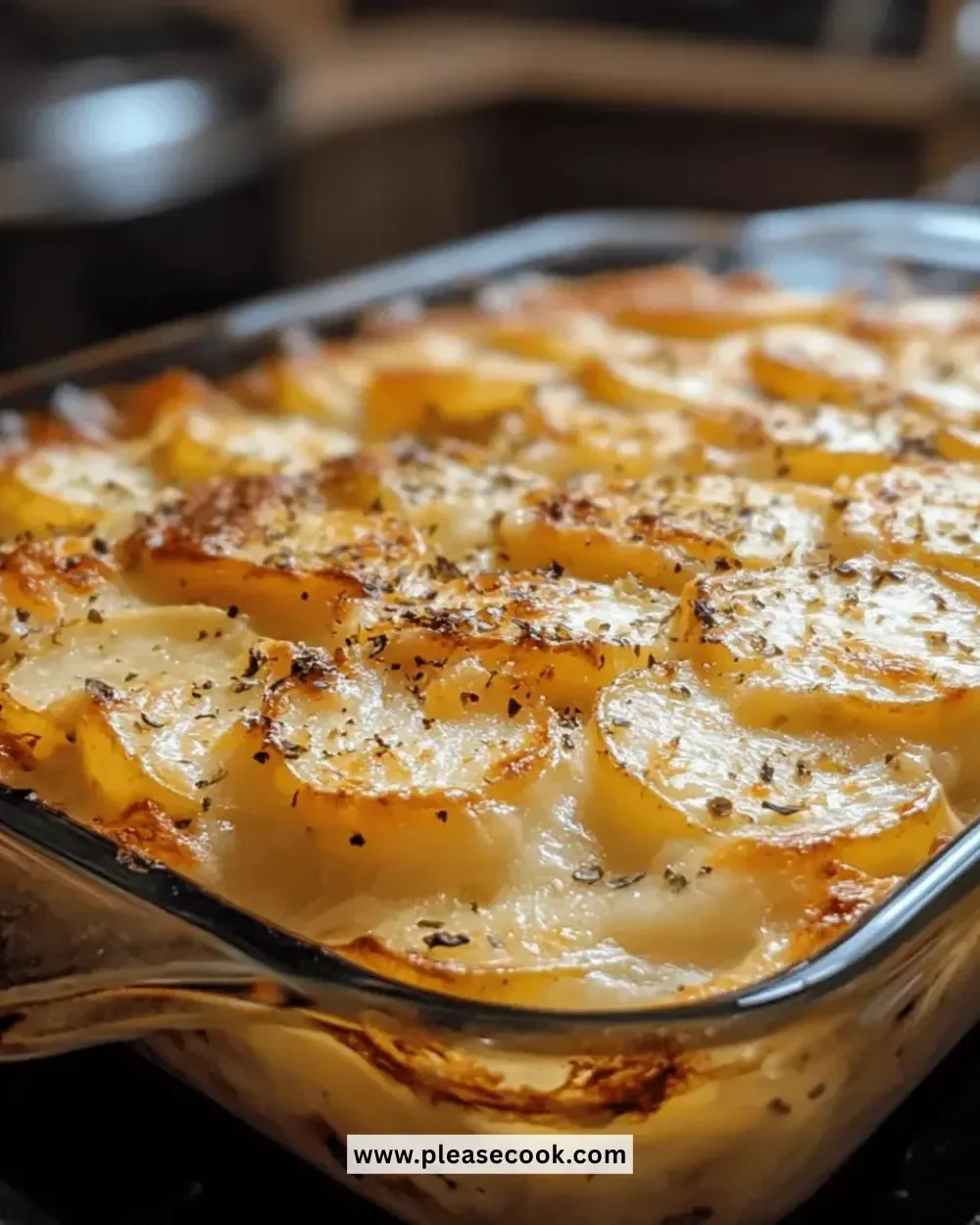 Delicious cheesy scalloped potato bake topped with melted cheese and herbs