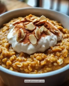 Bowl of warm spiced pumpkin oatmeal topped with nuts and spices