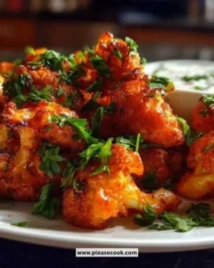 Plate of delicious Buffalo Cauliflower Bites served with dipping sauce