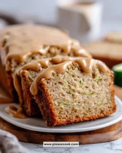 Slice of moist Apple Zucchini Bread with brown sugar frosting on a plate