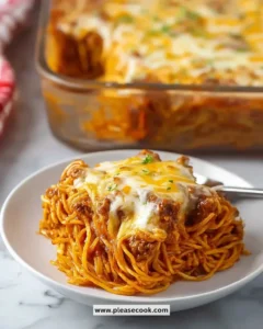 Baked cream cheese spaghetti casserole dish topped with cheese and herbs
