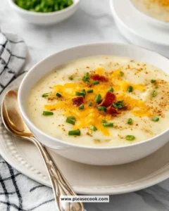 Bowl of delicious baked potato soup topped with cheese and chives